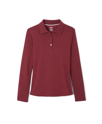 Little Girls Uniform Long Sleeve Interlock Knit Polo with Picot Collar