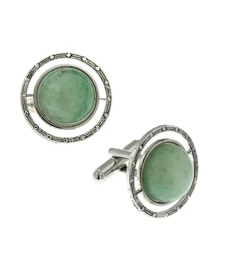 1928 Jewelry Silver-Tone Semi-Precious Jade Round Cufflinks