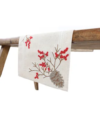 Manor Luxe Christmas Pine Cone Crewel Embroidered Table Runner