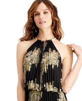 Msk Petite Pleated Gold-Print Gown