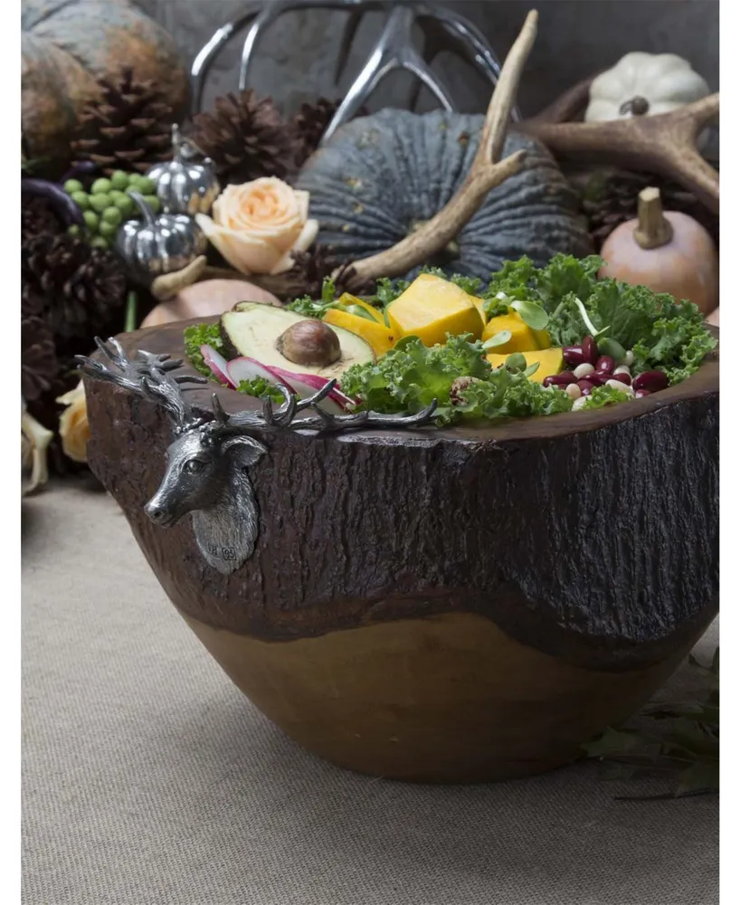 Vagabond House Elk, Deer Head Rustic Wood Salad Bowl with Natural Bark Edge