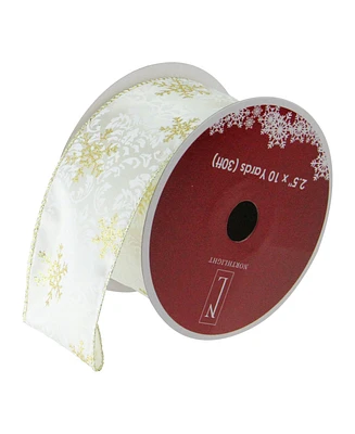 Northlight Pack of 12 Sparkling Gold Snowflakes Printed White Wired Christmas Craft Ribbon Spools - 2.5" x 120 Yards Total