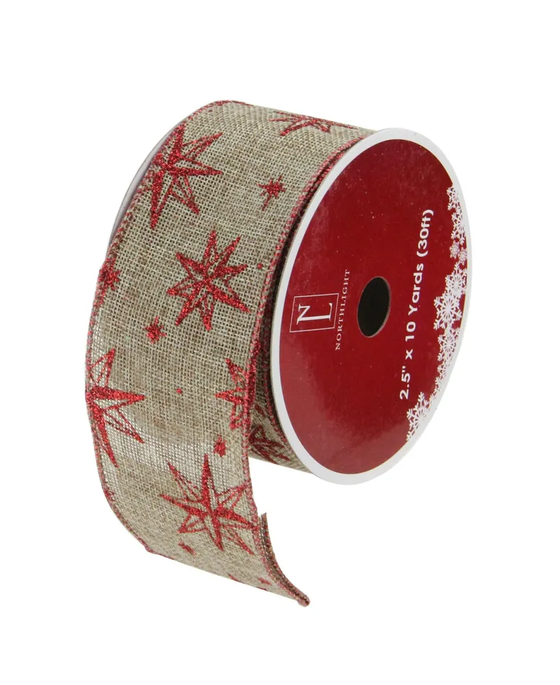 Northlight Pack of 12 Red Star and Beige Burlap Wired Christmas Craft Ribbon Spools - 2.5" x 120 Yards Total