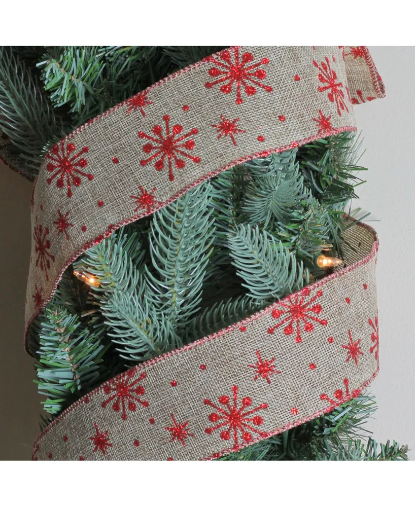 Northlight Pack of 12 Red Snowflake and Beige Burlap Wired Christmas Craft Ribbon Spools - 2.5" x 120 Yards Total