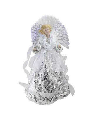 Northlight 16" Lighted Fiber Optic Angel in White and Silver Sequined Gown Christmas Tree Topper