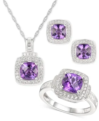 3-Pc. Set Amethyst (3-5/8 ct. t.w.) & White Topaz (1 ct. t.w.) Ring, Pendant Necklace & Stud Earrings in Sterling Silver