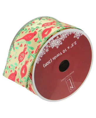 Northlight Honey Mustard Yellow with Red Cardinals Wired Christmas Craft Ribbon 2.5" x 10 Yards