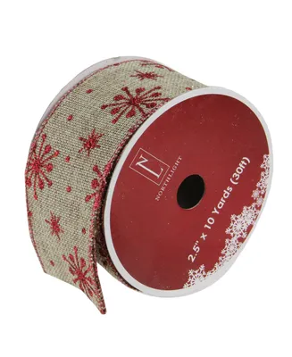 Northlight Red Snowflake and Beige Burlap Wired Christmas Craft Ribbon 2.5" x 10 Yards