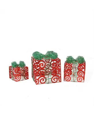 Northlight Set of 3 Prelit Sparkling Red Swirl Glitter Gift Boxes Christmas Outdoor Decorations