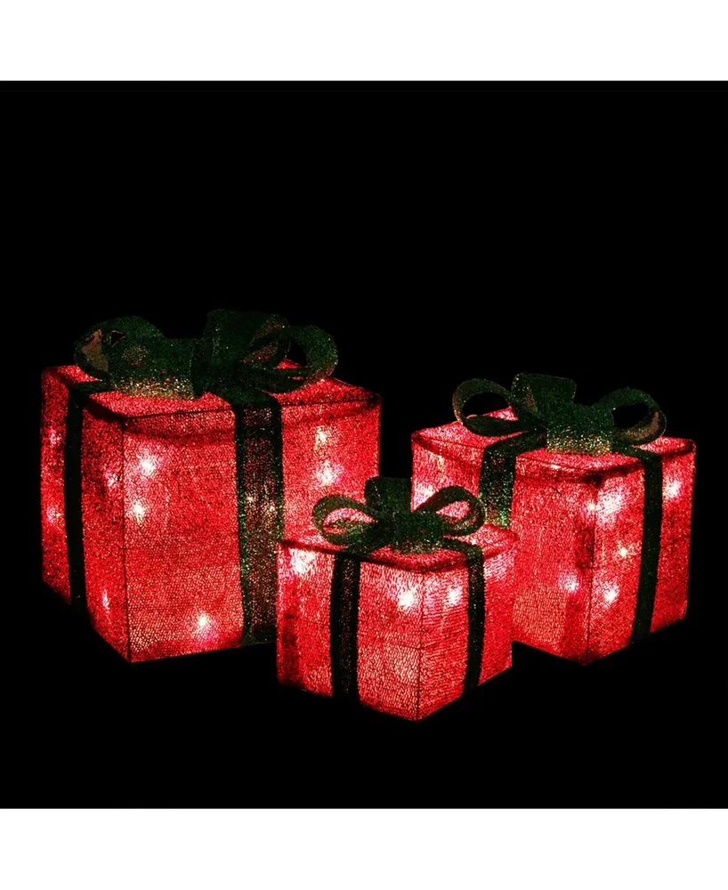 Northlight Set of 3 Lighted Sparkling Green Sisal Gift Boxes Christmas Outdoor Decorations
