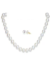 White Freshwater Cultured Pearl (11-11.5 mm) Strand Necklace and Stud Earrings Set in 14k Yellow Gold