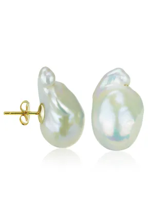 White Cultured Freshwater Pearl (15-17mm) Stud Earrings in 14k Yellow Gold