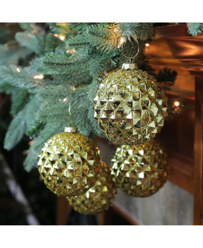 Northlight 4ct Gold Glitter Flake Christmas Glass Ball Ornaments 4" 100mm