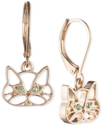 Pet Friends Jewelry Gold-Tone Green Crystal Cat Drop Earrings