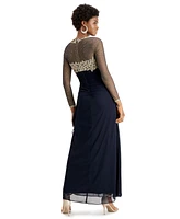 Xscape Petite Embellished Illusion-Bodice Ruched Gown