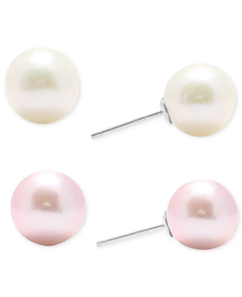 2-Pc. Set Pink & White Cultured Freshwater Pearl (9mm) Stud Earrings in Sterling Silver