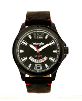 Wrangler Men's Watch, 48MM Ip Black Case, Black Zoned Dial with White Markers and Crescent Cutout , Date Function, Black Strap with Red Accent Stitch