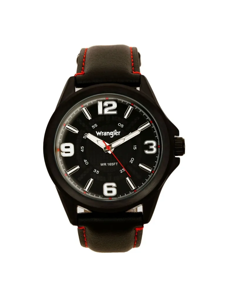 Wrangler Men's Watch, 48MM Ip Black Case with Cutout Black Dial, White Arabic Numerals, Black Strap with Red Stitching, Analog , Red Second Hand