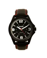 Wrangler Men's Watch, 48MM Ip Black Case with Cutout Black Dial, White Arabic Numerals, Black Strap with Red Stitching, Analog , Red Second Hand