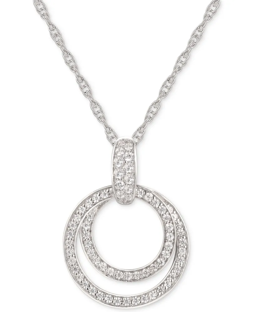 Cubic Zirconia Double Circle 18" Pendant Necklace in Sterling Silver