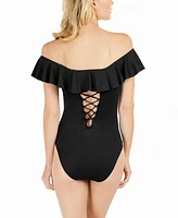 La Blanca Island Goddess Off-The-Shoulder Ruffled Tummy-Control One-Piece Swimsuit