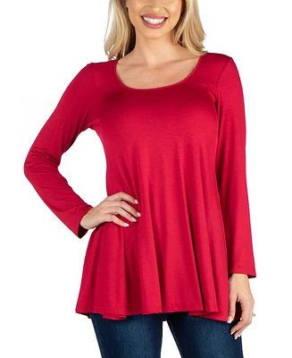 24Seven Comfort Apparel Long Sleeve Solid Color Swing Style Flared Tunic Top