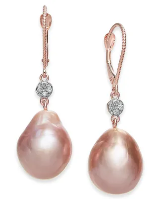 Cultured Pink Baroque Freshwater Pearl (12mm) & Diamond (1/20 ct. t.w.) Drop Earrings in 14k Rose Gold