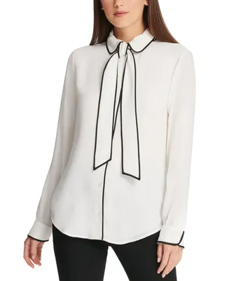 Dkny Piped Trim Tie Front Blouse