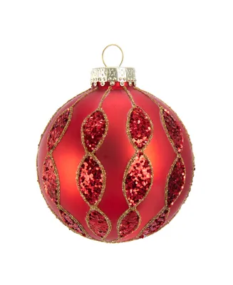 Kurt Adler 80MM Red with Glitter Pattern Glass Ball Ornaments, 6 Piece Box