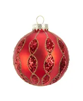 Kurt Adler 80MM Red with Glitter Pattern Glass Ball Ornaments, 6 Piece Box