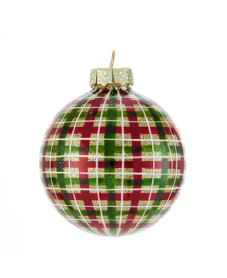 Kurt Adler 80MM Red and Green Plaid Glass Ball Ornaments, 6 Piece Box