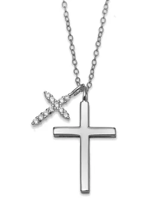 Cubic Zirconia Double Cross 18" Pendant Necklace in Sterling Silver