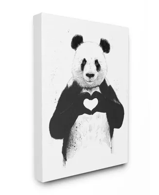 Stupell Industries Black and White Panda Bear Making A Heart Ink Illustration Stretched Canvas Wall Art, 24" L x 30" H