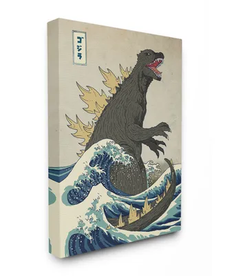 Stupell Industries Godzilla in The Waves Eastern Poster Style Illustration Stretched Canvas Wall Art, 16" L x 20" H