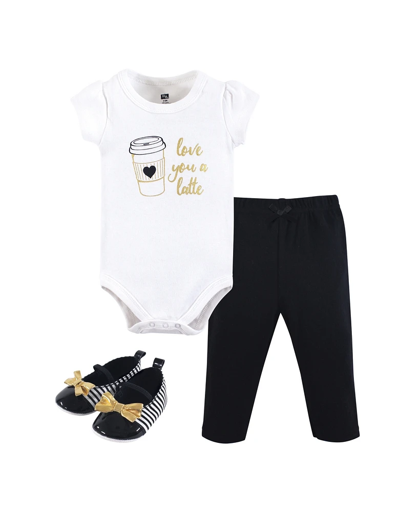 Hudson Baby Baby Girls Cotton Bodysuit, Pant and Shoe 3pc Set, Latte