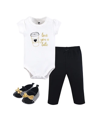 Hudson Baby Baby Girls Cotton Bodysuit, Pant and Shoe 3pc Set, Latte