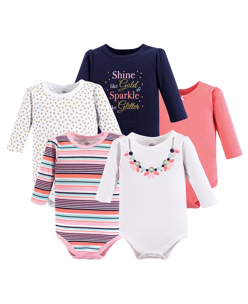 Little Treasure Baby Girl Cotton Long-Sleeve Bodysuits 5pk, Sparkle Necklace, 18-24 Months