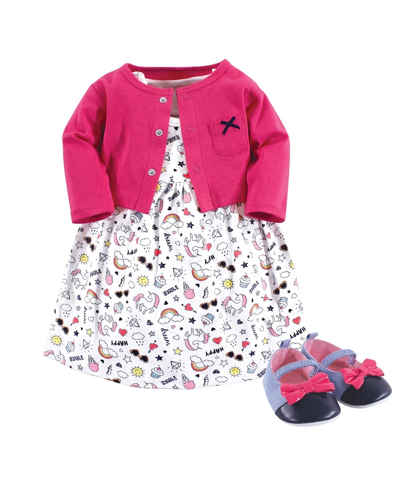 Little Treasure Baby Girls Cotton Dress, Cardigan and Shoe 3pc Set, Happy Rainbow