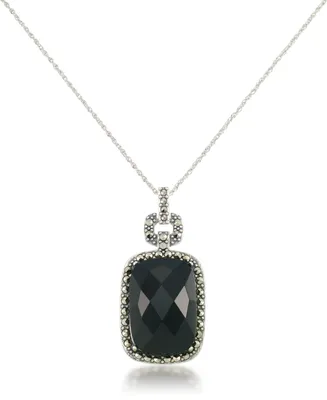 Marcasite and Faceted Onyx Square Pendant+18" Chain in Sterling Silver