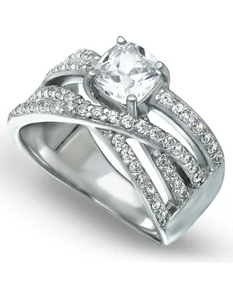 Cubic Zirconia Intertwined Band with Cushion Prong Center Ring Silver Plate