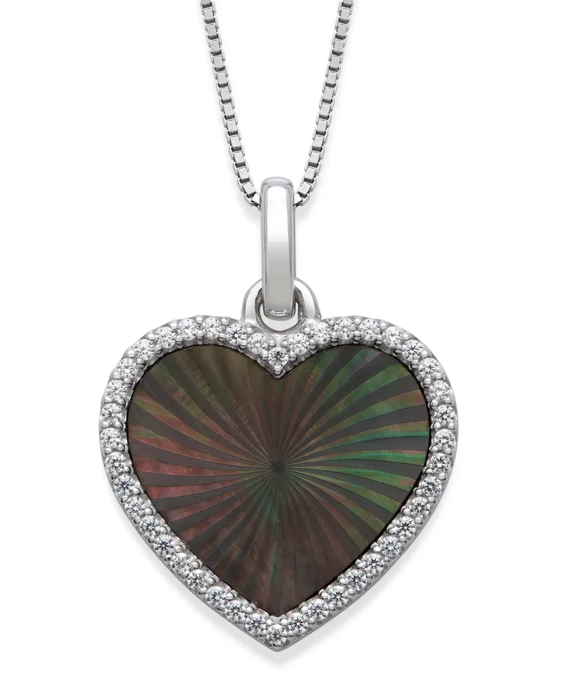 Black Mother of Pearl 14x13mm and Cubic Zirconia Heart Shaped Pendant with 18" Chain in Sterling Silver