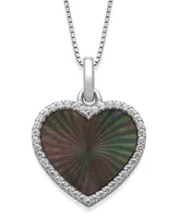 Black Mother of Pearl 14x13mm and Cubic Zirconia Heart Shaped Pendant with 18" Chain in Sterling Silver