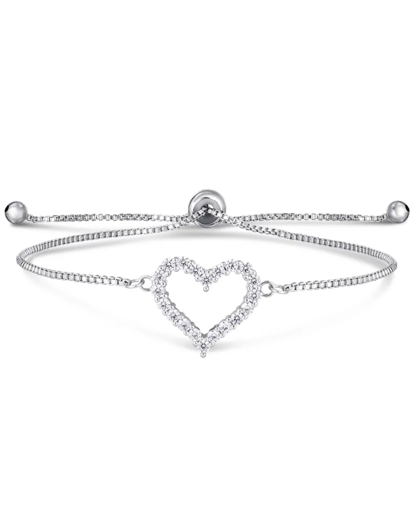 Cubic Zirconia Heart Adjustable Slider Bolo Bracelet in Silver Plate