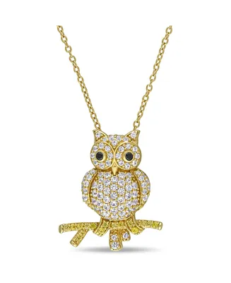 Lab Grown White and Yellow Sapphire (1 1/3 ct. t.w.) Black Spinel Accent Owl Necklace in 18k Gold Over Sterling Silver