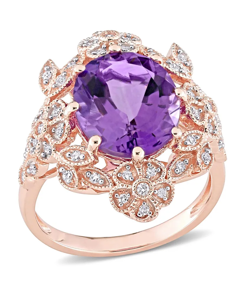 Amethyst (4 ct. t.w.) and Diamond (1/4 Floral Vintage Cocktail Ring 14k Rose Gold