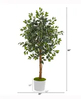 Nearly Natural 5ft. Ficus Artificial Tree in White Tin Planter