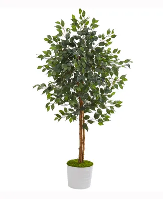 Nearly Natural 5ft. Ficus Artificial Tree in White Tin Planter