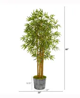 Nearly Natural 5ft. Bamboo Artificial Tree in Black Embossed Tin Planter