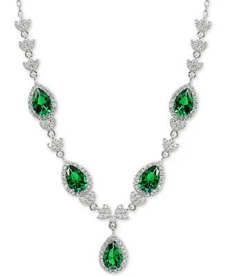 Cubic Zirconia Green Halo Fancy Statement Necklace in Sterling Silver, 16" + 2" extender