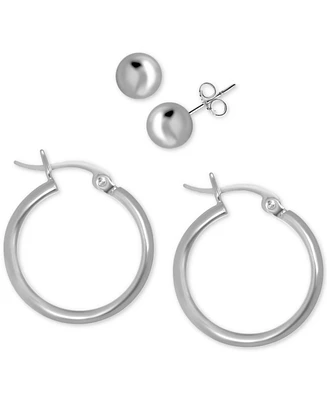 Essentials 2-Pc. Set Ball Stud Earrings & Polished Hoop Earrings in Silver Plate